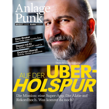 Mann mit grauem T-Shirt vor unscharfem Hintergrund, daneben Text 'Dara Khosrowshahi UBER-HOLSPUR' und weitere Überschriften zu Finanzthemen.