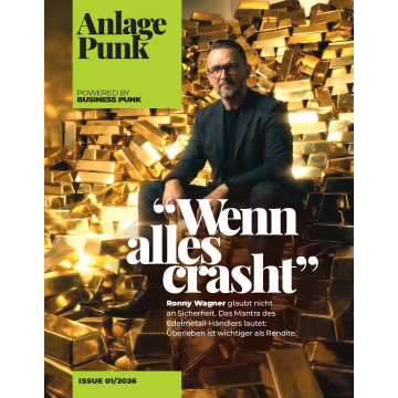 Mann in dunklem Anzug sitzt vor einem Hintergrund aus vielen Goldbarren, daneben Text 'Anlage Punk' und Zitat 'Wenn alles crasht'