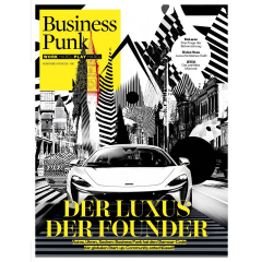 Weißer McLaren-Sportwagen vor schwarz-weißen, verzerrten Hochhäusern, gelber Schriftzug 'Business Punk' und Titel 'Der Luxus der Founder'.